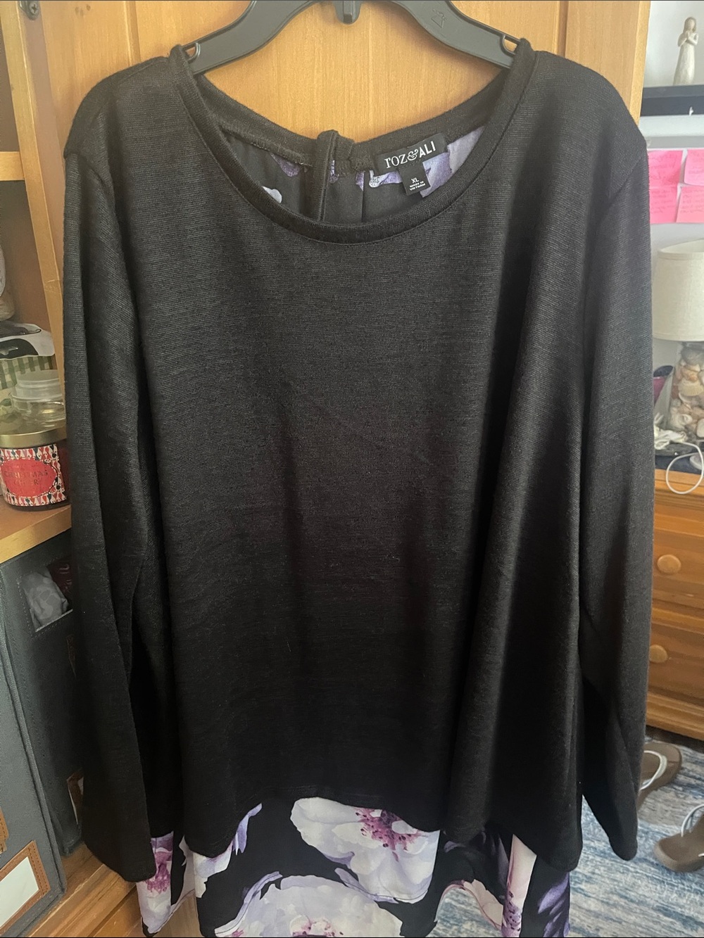 Roz & Ali Black Long-Sleeve Top with Purple Floral Hem